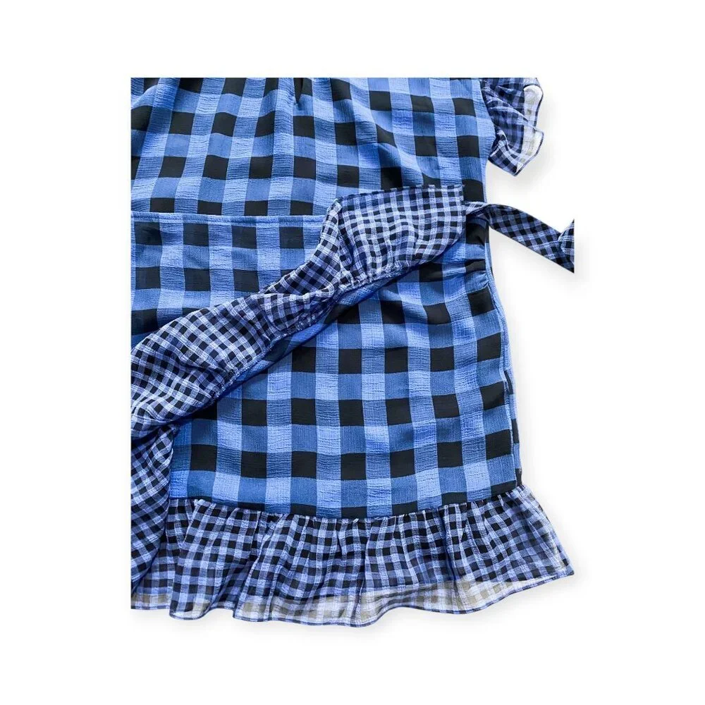 Tularosa Jenny Blue and Black Buffalo/gingham Plaid Wrap Mini Dress, Size M